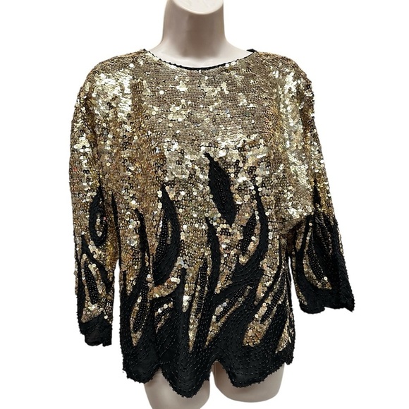 Royal cruise line Tops - Vintage 1980s silk beaded sequins shirt fire design women’s small black gold